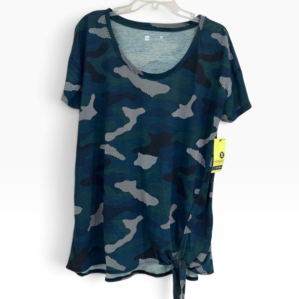 Xersion Womens XXL Green Stripe Camo Tie Front T-Shirt Loose Fit Scoop Neck NWT
